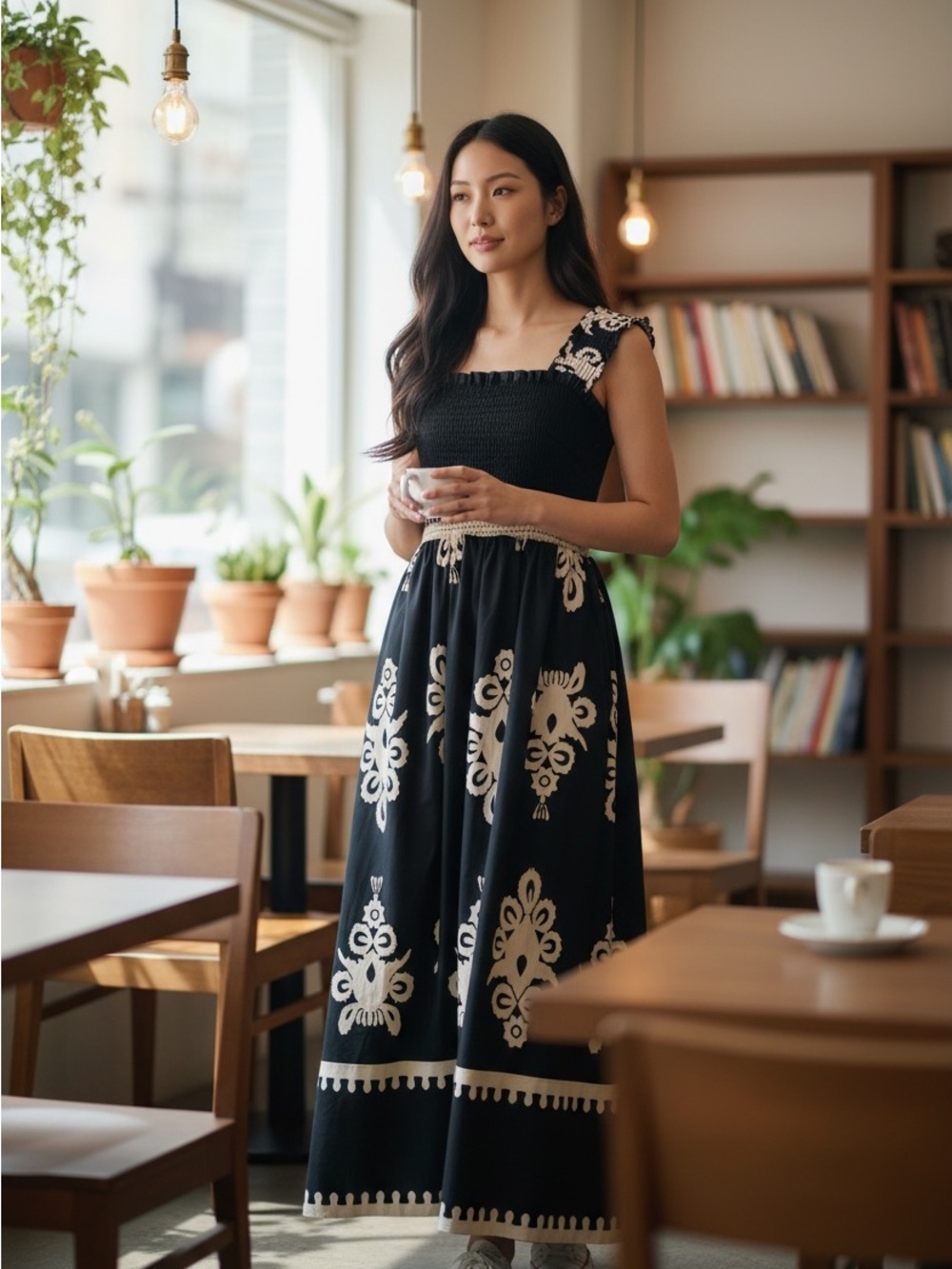 Black Maxi Dress with Cream Embroidered Motif